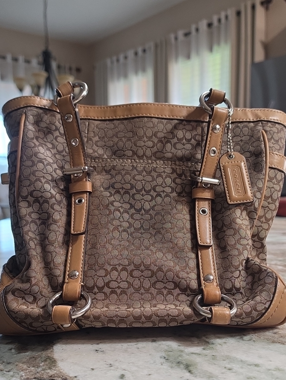 Coach Brown Signature Purse with Tan Leather Accents
